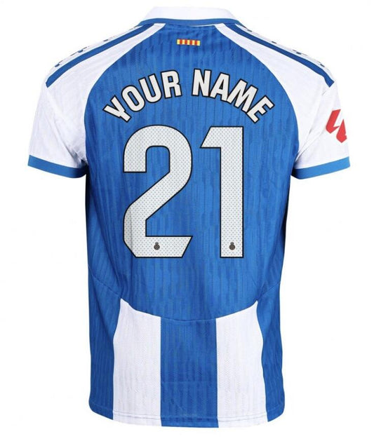 Camiseta RCD Espanyol 2025/26 primera equipación versión fan detalle escudo – Cortita y al Pie