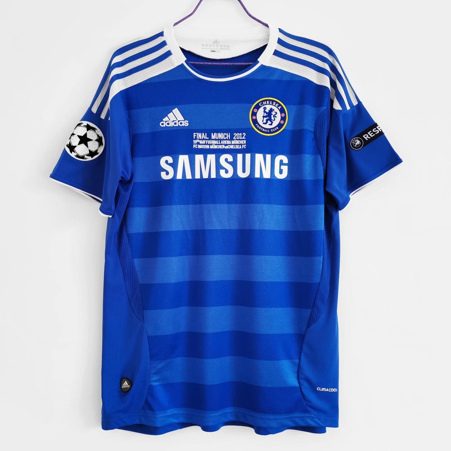 Camiseta retro Chelsea 2011/12 primera equipación azul Champions Munich Drogba – Cortita y al Pie