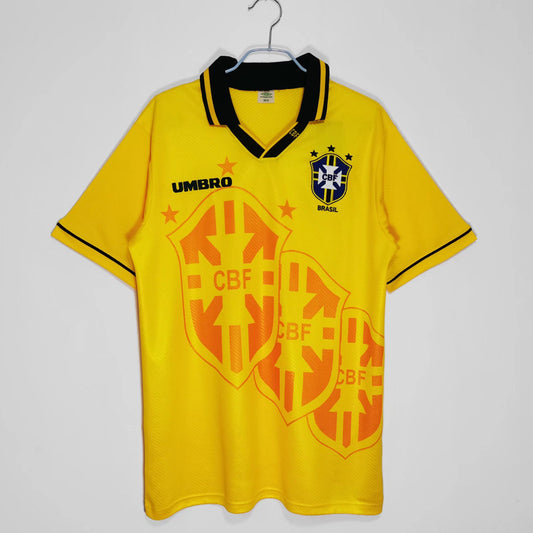 Camiseta retro Brasil 1994 primera equipación amarilla campeón EE.UU. Romário Bebeto – Cortita y al Pie