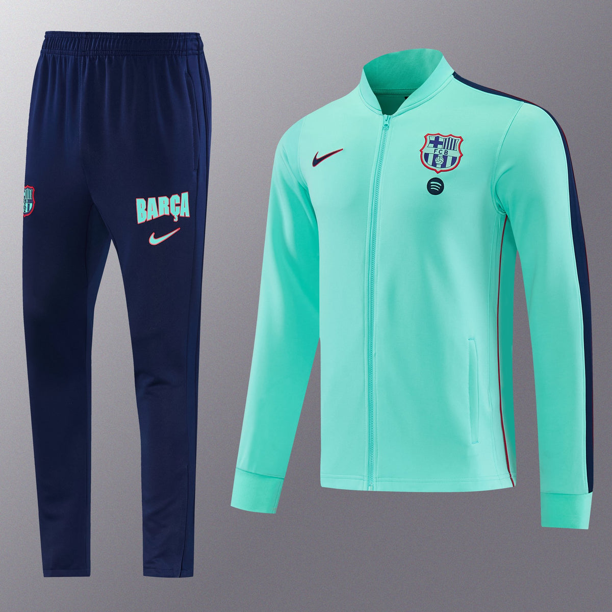 Chándal Barcelona 2026/27 Verde Menta chaqueta y pantalón - vista frontal con escudo