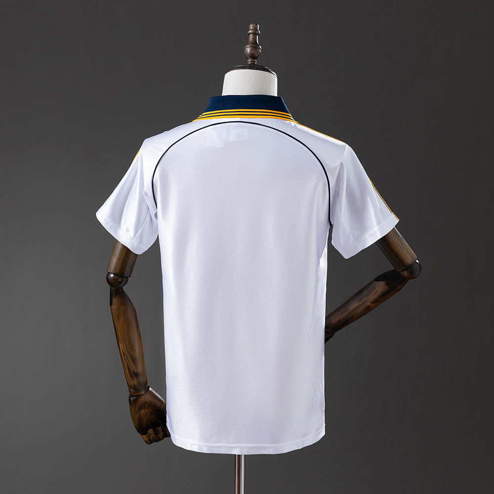 Camiseta retro Real Madrid 1998/99 primera equipación detalle año Centenario blanca – Cortita y al Pie
