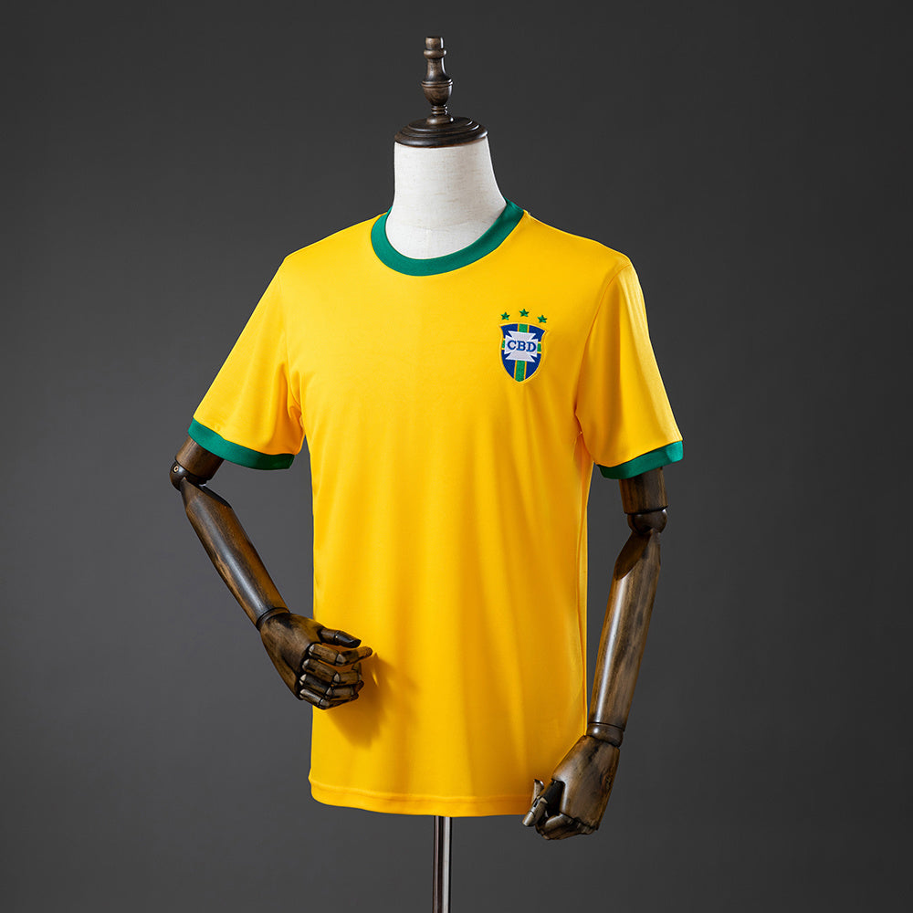 Camiseta retro Brasil 1970 primera equipación amarilla campeón México Pelé clásica – Cortita y al Pie