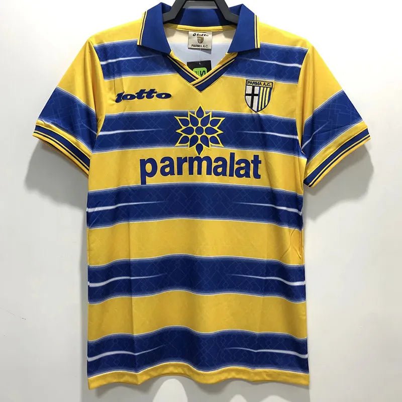 Camiseta retro Parma 1998/99 primera equipación amarilla azul Crespo Veron UCL – Cortita y al Pie