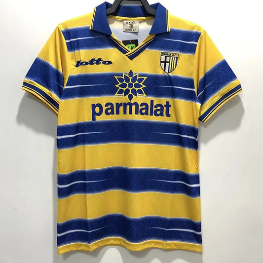 Camiseta retro Parma 1998/99 primera equipación amarilla azul Crespo Veron UCL – Cortita y al Pie