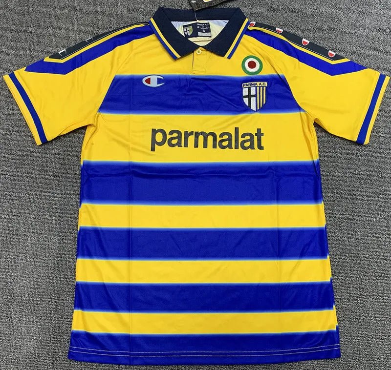 Camiseta retro Parma 1999/00 primera equipación amarilla azul Buffon Crespo Serie A – Cortita y al Pie
